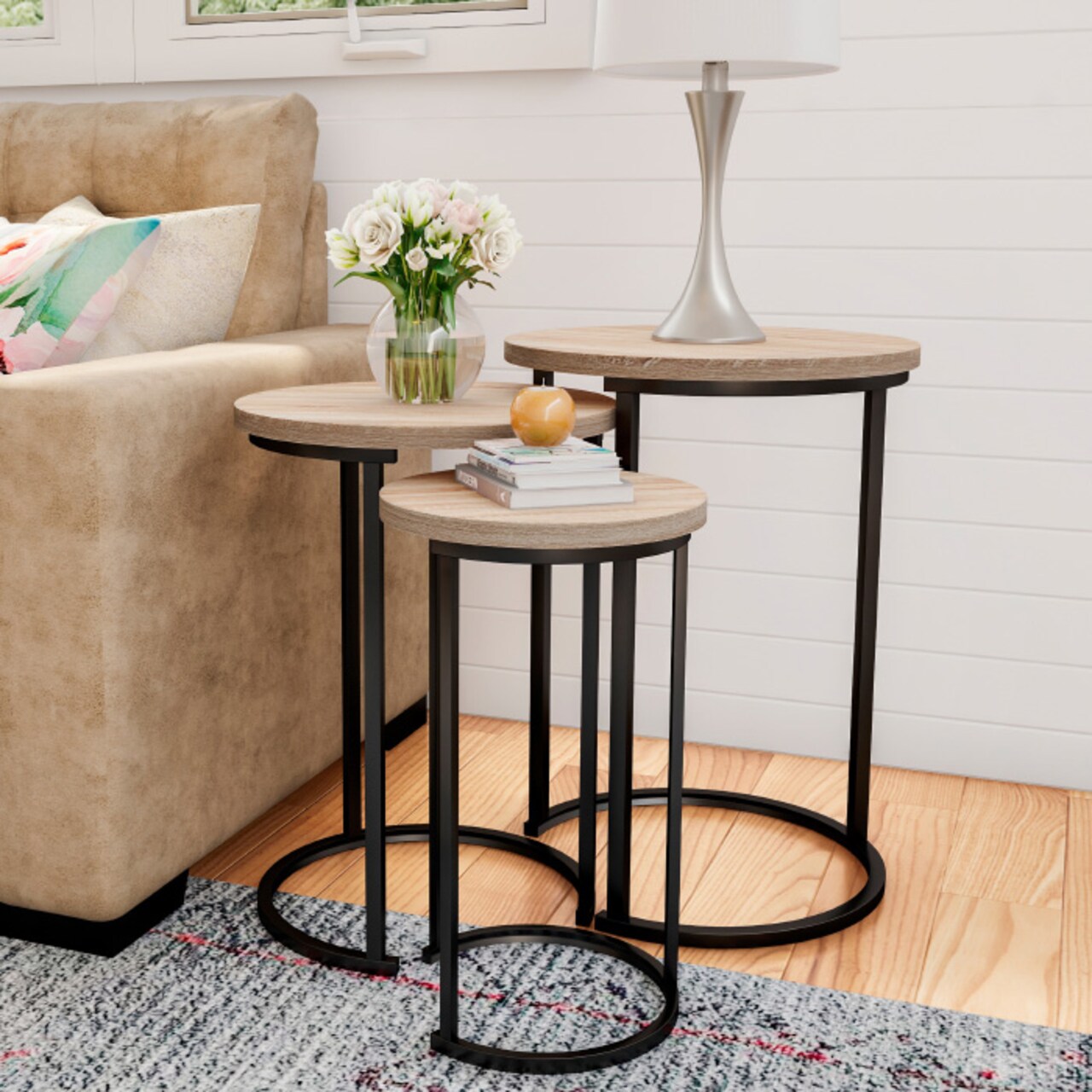 Round Nesting Tables-Set Of 3 Modern Woodgrain Look For Living Room Coffee Tables Or Nightstands-Accent Home Furniture